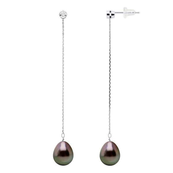 Boucles D'Oreilles Pendantes Perles De Tahiti Poires 9-10 Mm - Diamants 0.020 Cts - Joaillerie Or 375 - Tavana