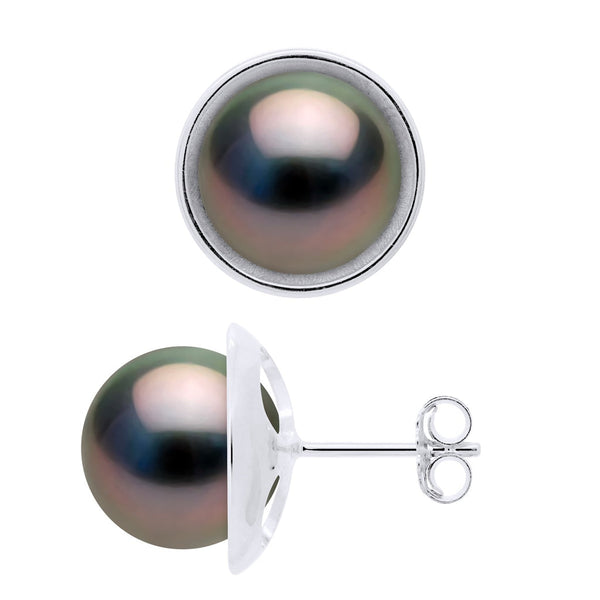 Boucles D'Oreilles Perles De Tahiti Rondes 9-10 Mm - Entourage Lisse - Or 375 - Manaraga