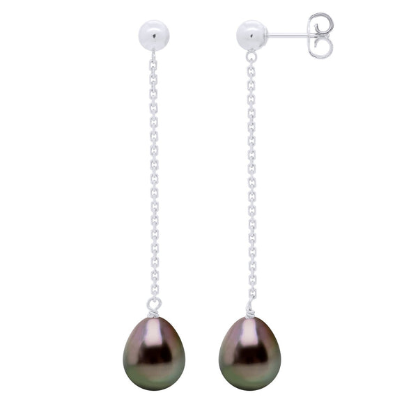 Boucles D'Oreilles Pendantes Perles De Tahiti 8-9 Mm - Systèmes Poussettes Or 375 - Urukoa
