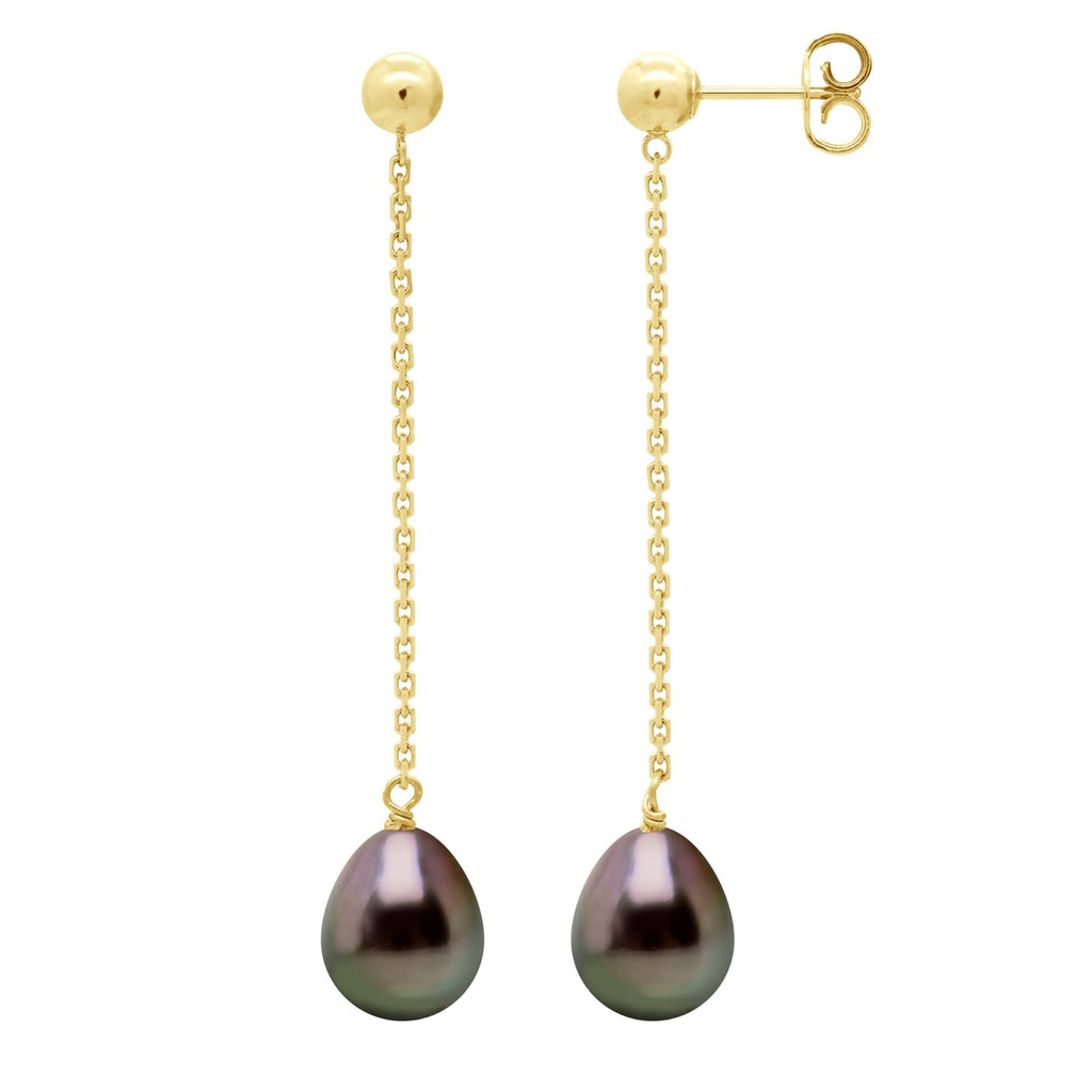 Boucles D'Oreilles Pendantes Perles De Tahiti 8-9 Mm - Systèmes Poussettes Or 375 - Urukoa