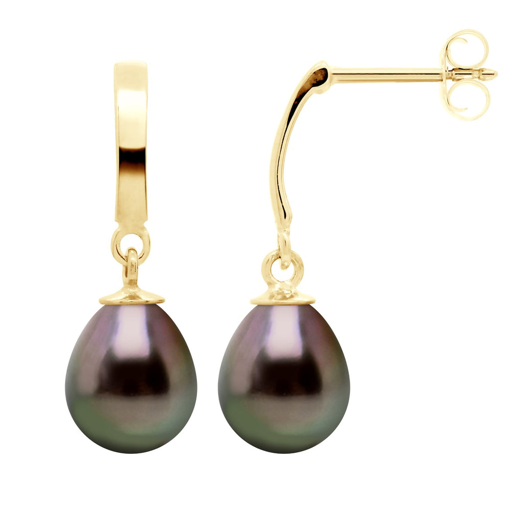 Boucles D'Oreilles Pendantes Perles De Tahiti Poires 8-9 Mm - Système Poussettes - Or 375 - Oropuka