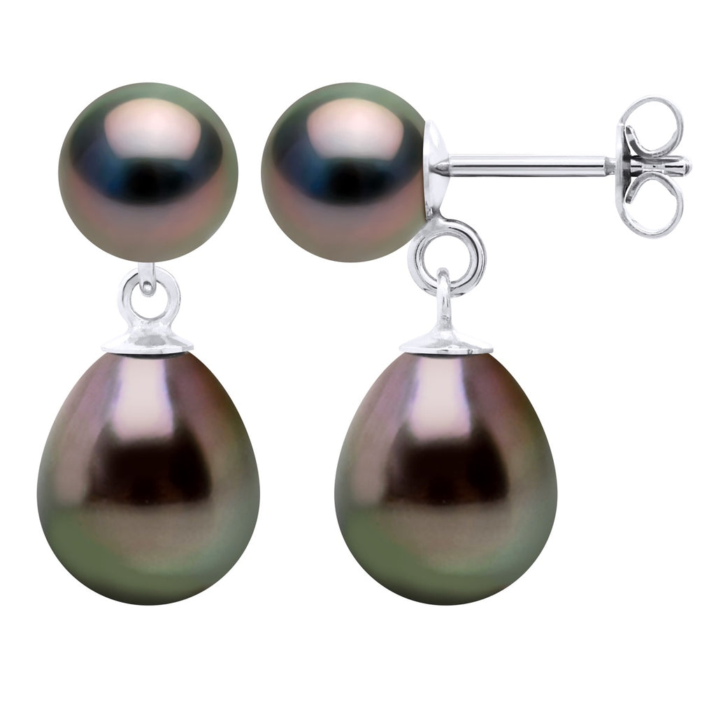 Boucles D'Oreilles Duo Perles De Tahiti Rondes 7-8 Mm Et Poires 9-10 Mm - Système Poussettes - Or 375 - Tikehau