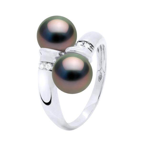 Bague Toi Et Moi Diamants 0,06 Cts (6x0,01 Cts) 2 Véritables Perles De Culture De Tahiti Rondes 8-9 Mm