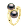 Bague Toi Et Moi Diamants 0,06 Cts (6x0,01 Cts) 2 Véritables Perles De Culture De Tahiti Rondes 8-9 Mm