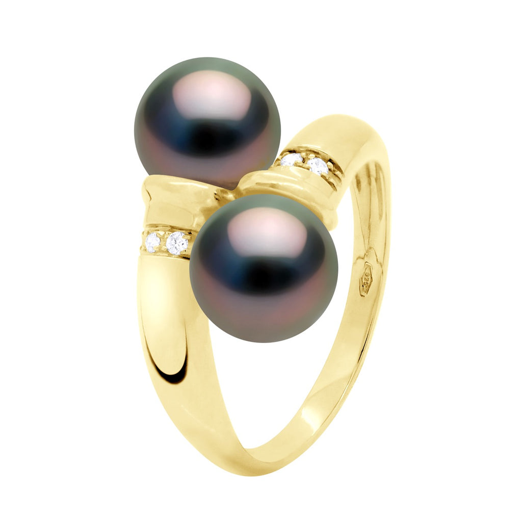 Bague Toi Et Moi Diamants 0,06 Cts (6x0,01 Cts) 2 Véritables Perles De Culture De Tahiti Rondes 8-9 Mm