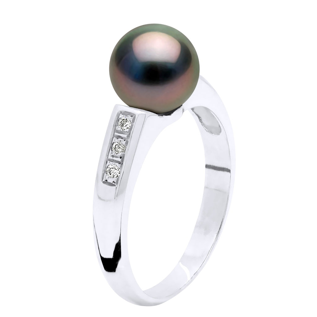 Bague Jonc Joaillerie Perle De Tahiti Ronde 8-9 Mm - Diamants 0.060 Cts - Or 375 - Poemana
