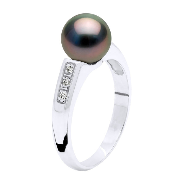 Bague Jonc Joaillerie Perle De Tahiti Ronde 8-9 Mm - Diamants 0.060 Cts - Or 375 - Poemana