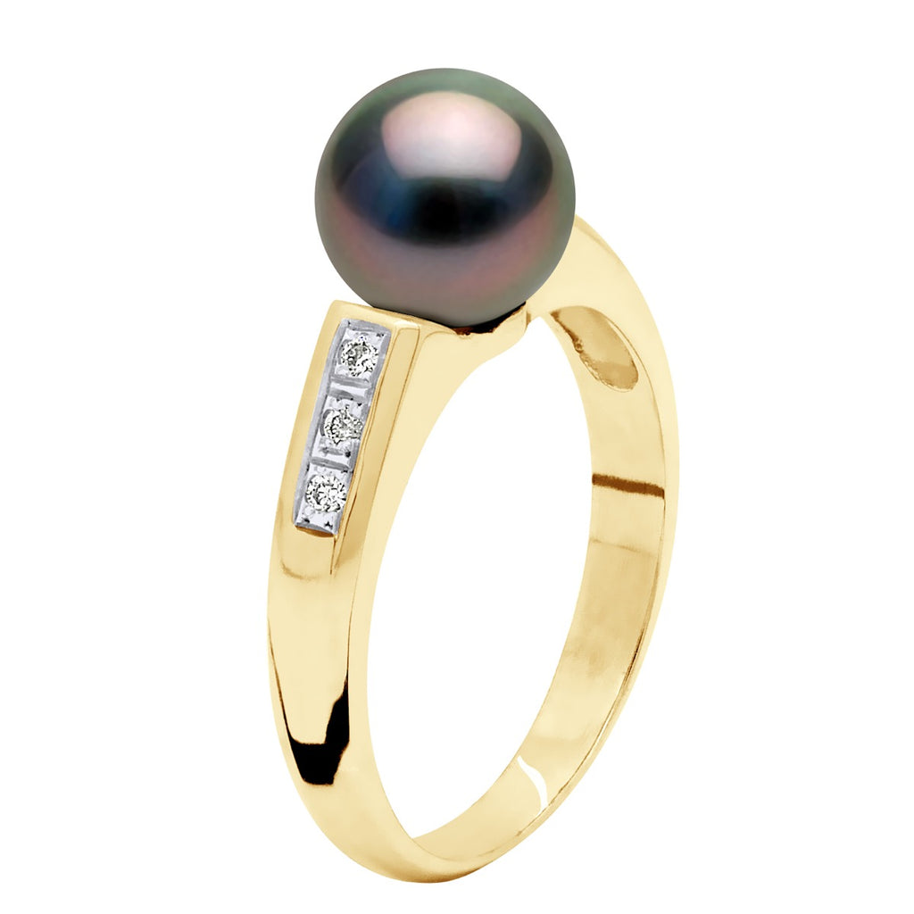 Bague Jonc Joaillerie Perle De Tahiti Ronde 8-9 Mm - Diamants 0.060 Cts - Or 375 - Poemana