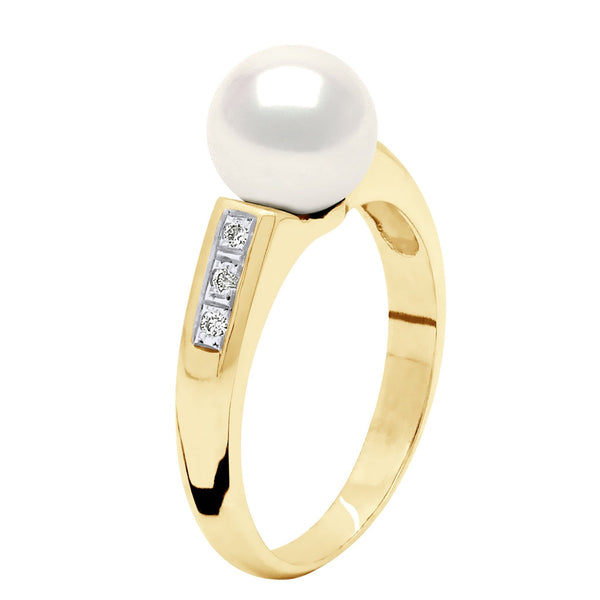 Bague Joaillerie Diamant 0,06 Cts (6x0,01 Cts - Qualité Hsi) - Or Jaune - Véritable Perle De Culture D'Eau Douce Ronde 8-9 Mm