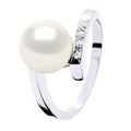Bague Joaillerie Diamant 0,04 Cts (4x0,01 Cts - Qualité Hsi) Or Blanc - Véritable Perle De Culture D'Eau Douce Ronde 8-9 Mm