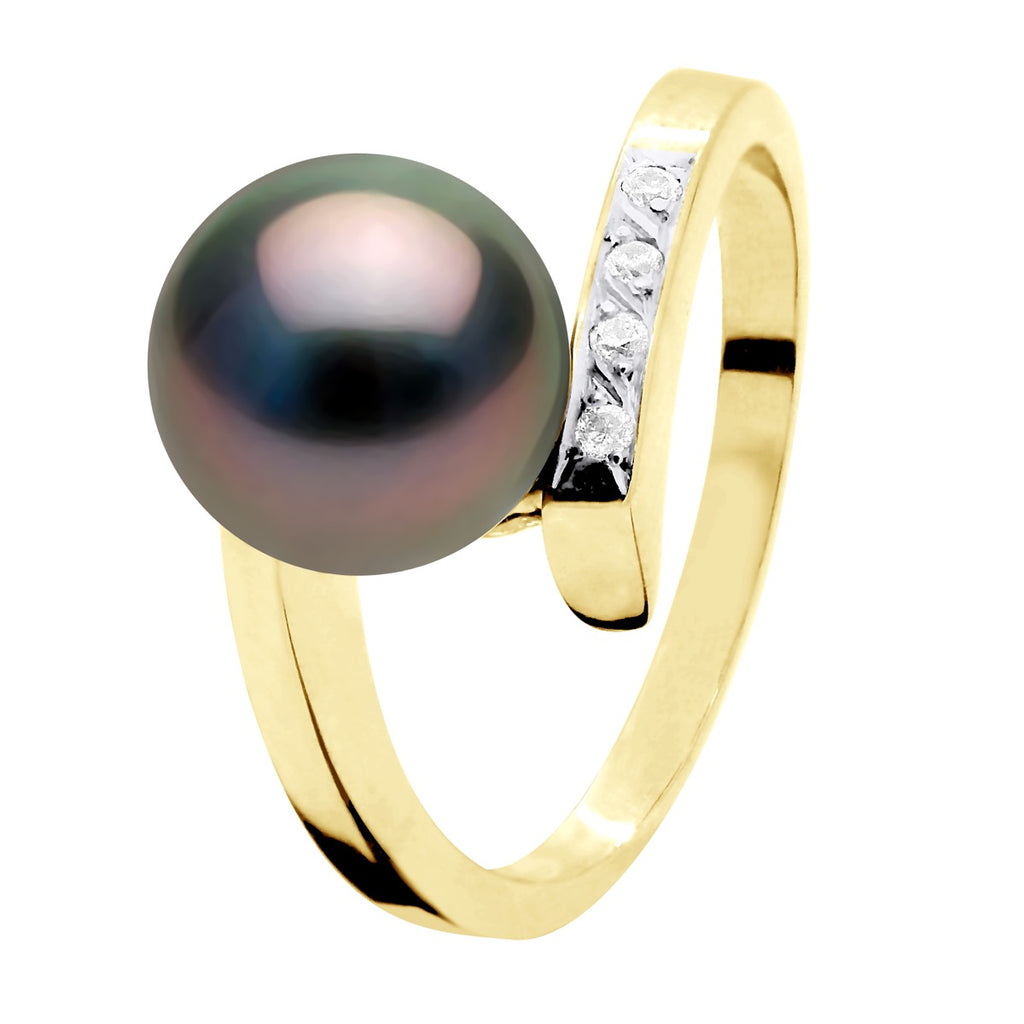 Bague Joaillerie Diamant 0,04 Cts (4x0,01 Cts - Qualité Hsi) Or Jaune - Véritable Perle De Culture De Tahiti Ronde 8-9 Mm