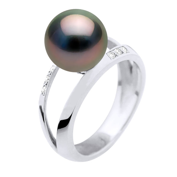 Bague Jonc Joaillerie Perle De Tahiti Ronde 9-10 Mm - Diamants 0.060 Cts - Or 375 - Paraoa
