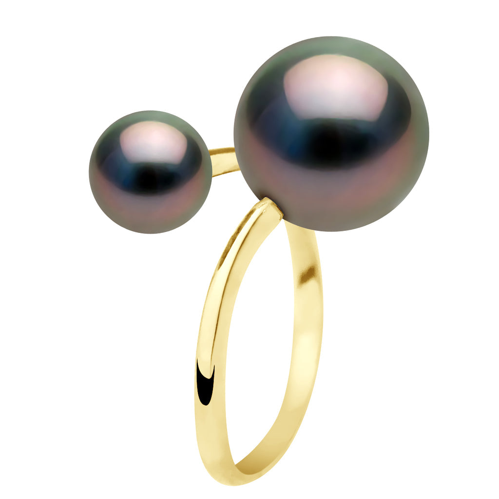 Bague Jonc Duo Perles De Tahiti Rondes 7-8 Mm Et 11-12 Mm - Or 375 - Maupiti