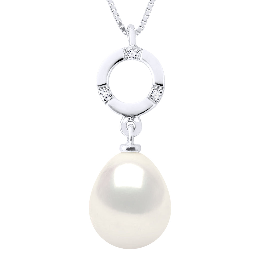 Colliers Joaillerie Perle Poire - Tailles De 7 À 10 Mm - Diamant 0.010 Cts - Or 375 - Chaîne Forçat - Fouchet