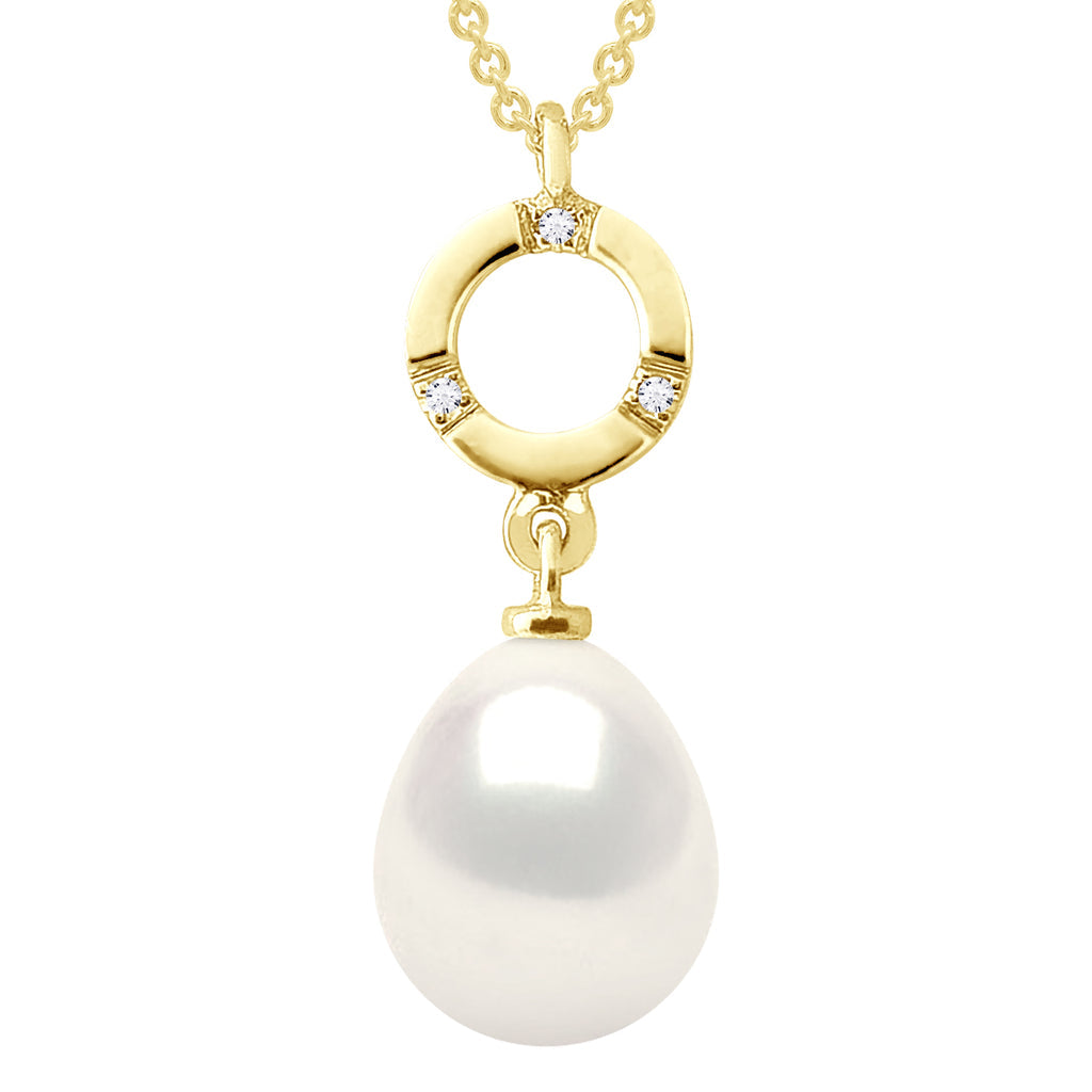 Colliers Joaillerie Perle Poire - Tailles De 7 À 10 Mm - Diamant 0.010 Cts - Or 375 - Chaîne Forçat - Fouchet