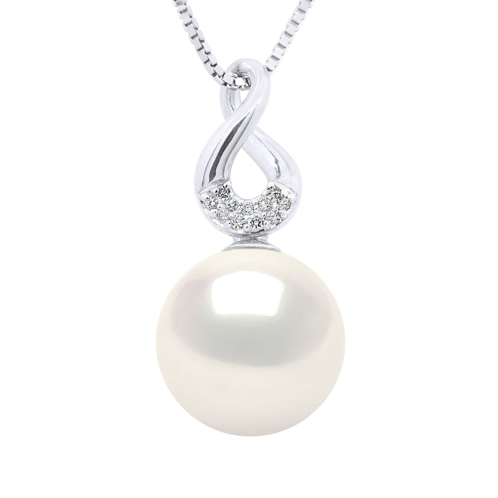Pendentif Huit Or Blanc - Diamants 0,03 Cts (3x0,01 Cts) - Véritable Perle De Culture D'Eau Douce Ronde 9-10 Mm