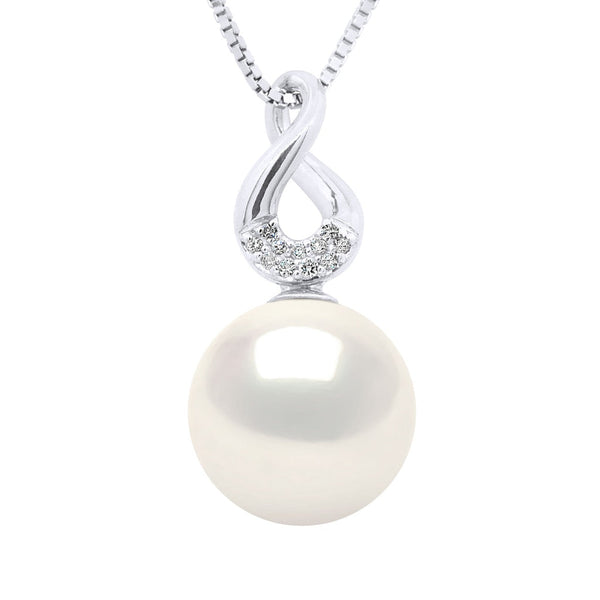 Pendentif Huit Or Blanc - Diamants 0,03 Cts (3x0,01 Cts) - Véritable Perle De Culture D'Eau Douce Ronde 9-10 Mm