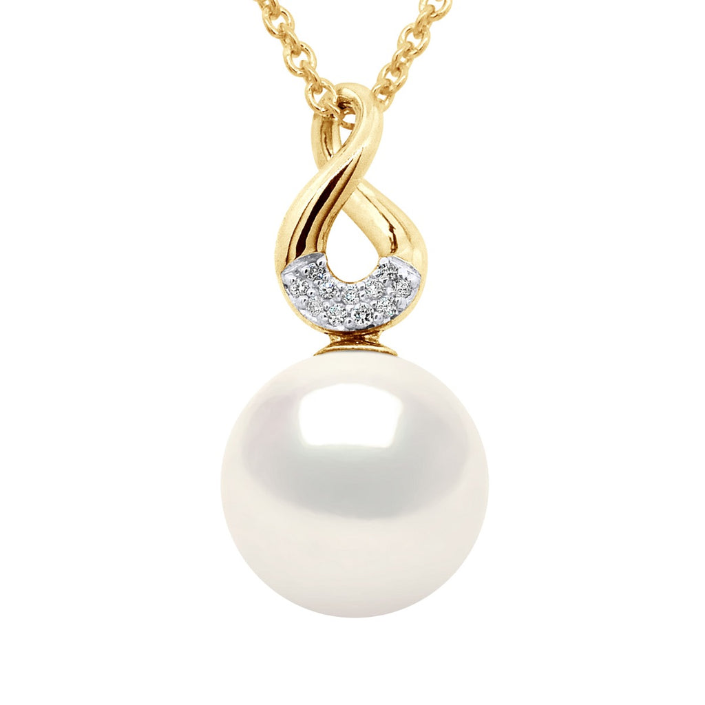 Pendentif Huit Or Blanc - Diamants 0,03 Cts (3x0,01 Cts) - Véritable Perle De Culture D'Eau Douce Ronde 9-10 Mm