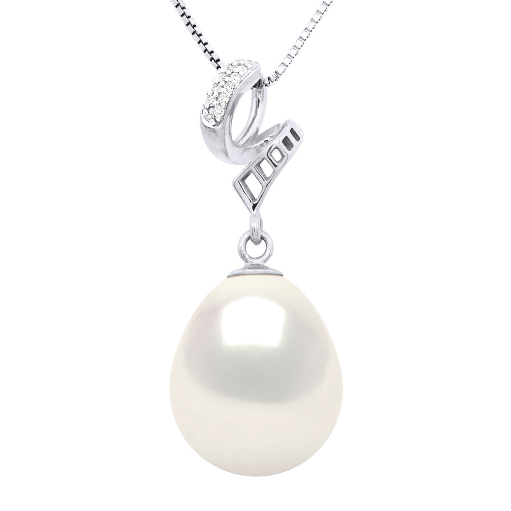 Pendentif Prestige - Perle Poire 11-12 Mm - Diamants 0.03 Cts - Chaine Offerte - Joaillerie Or 375 - Maintenon