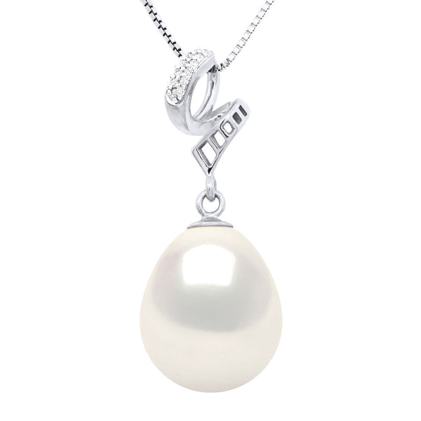 Pendentif Prestige - Perle Poire 11-12 Mm - Diamants 0.03 Cts - Chaine Offerte - Joaillerie Or 375 - Maintenon