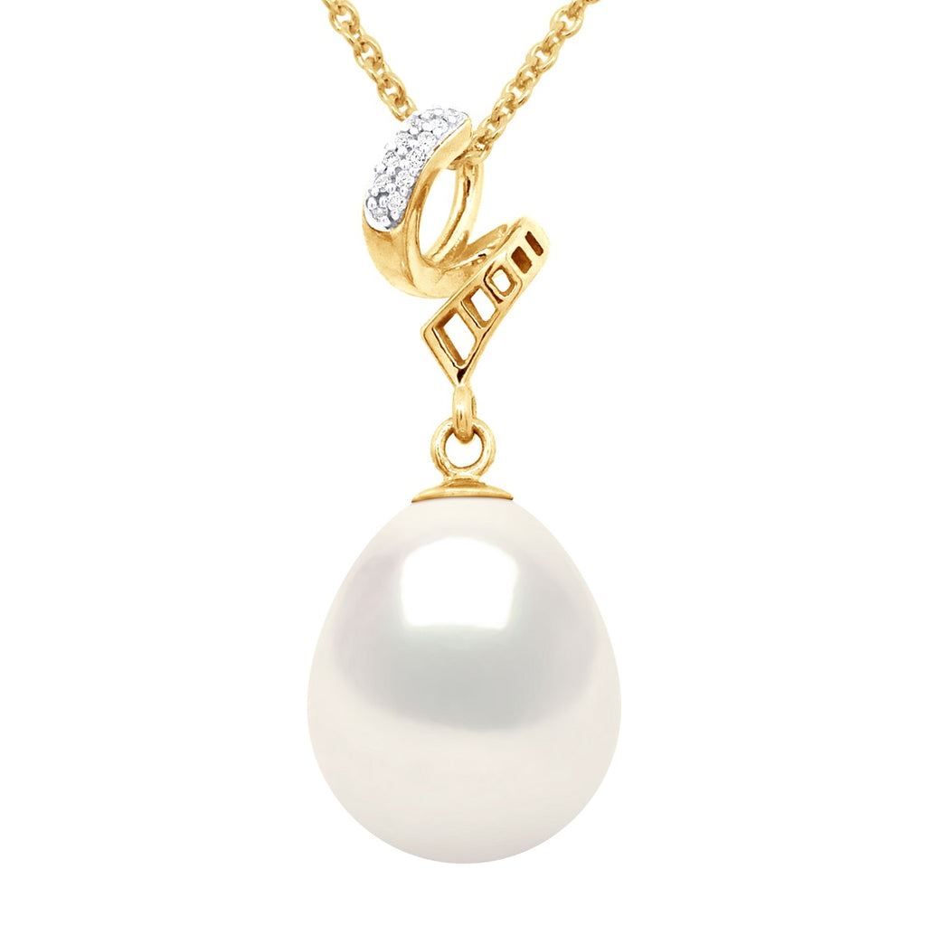 Pendentif Prestige - Perle Poire 11-12 Mm - Diamants 0.03 Cts - Chaine Offerte - Joaillerie Or 375 - Maintenon