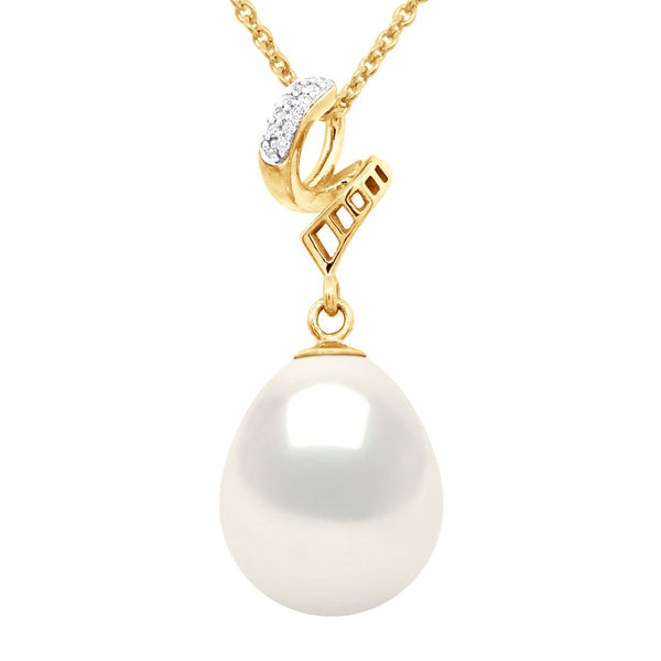 Pendentif Prestige - Perle Poire 11-12 Mm - Diamants 0.03 Cts - Chaine Offerte - Joaillerie Or 375 - Maintenon