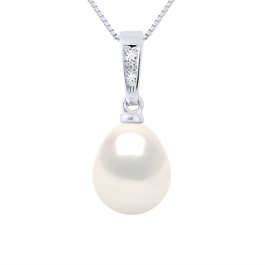 Pendentif Joaillerie Diamants 0,01 Cts - Véritable Perle De Culture D'Eau Douce Poire 8-9 Mm