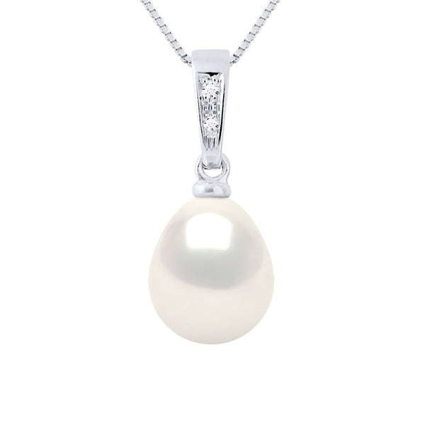 Pendentif Joaillerie Diamants 0,01 Cts - Véritable Perle De Culture D'Eau Douce Poire 8-9 Mm