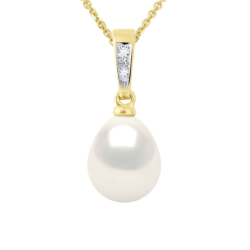 Pendentif Joaillerie Diamants 0,01 Cts - Véritable Perle De Culture D'Eau Douce Poire 8-9 Mm