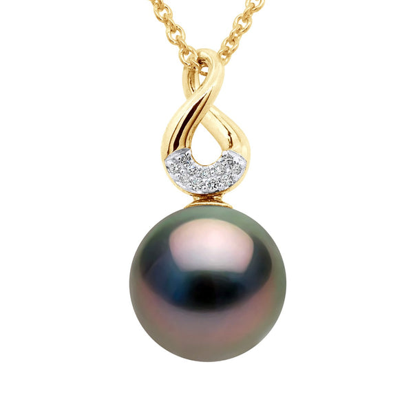 Pendentif Joaillerie Perle De Tahiti Ronde  9-10 Mm - Diamants 0.030 Cts - Or 375 - Uaina