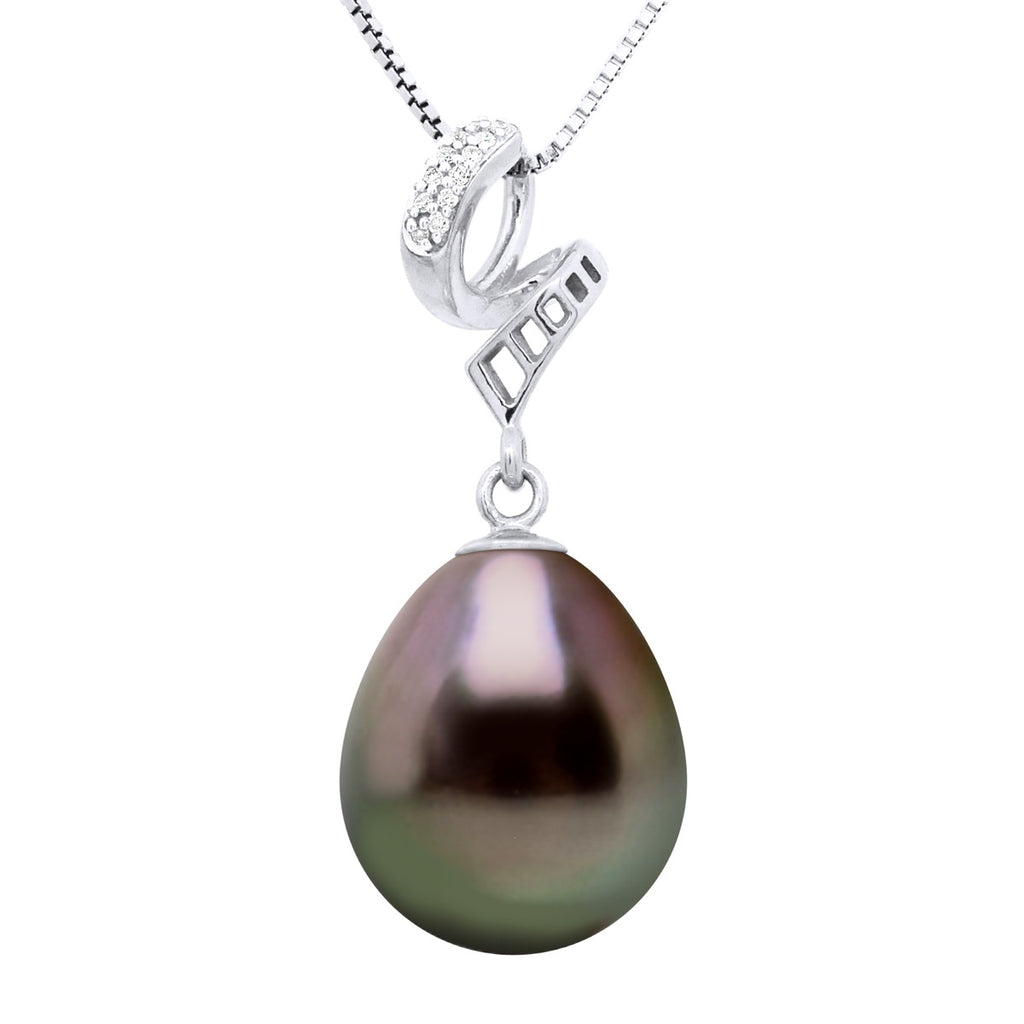Pendentif Prestige Perle De Tahiti Poire 11-12 Mm - Diamants 0.030 Cts - Joaillerie Or 375 - Vinano