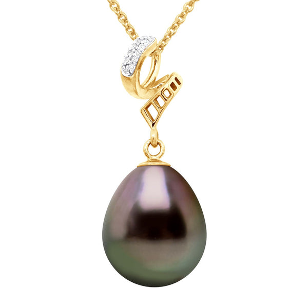 Pendentif Prestige Perle De Tahiti Poire 11-12 Mm - Diamants 0.030 Cts - Joaillerie Or 375 - Vinano