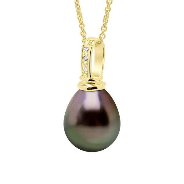 Pendentif Perle De Tahiti Poire 10-11 Mm - Diamants 0.03 Cts - Chaîne Offerte - Joaillerie Or 375 - Makiroa