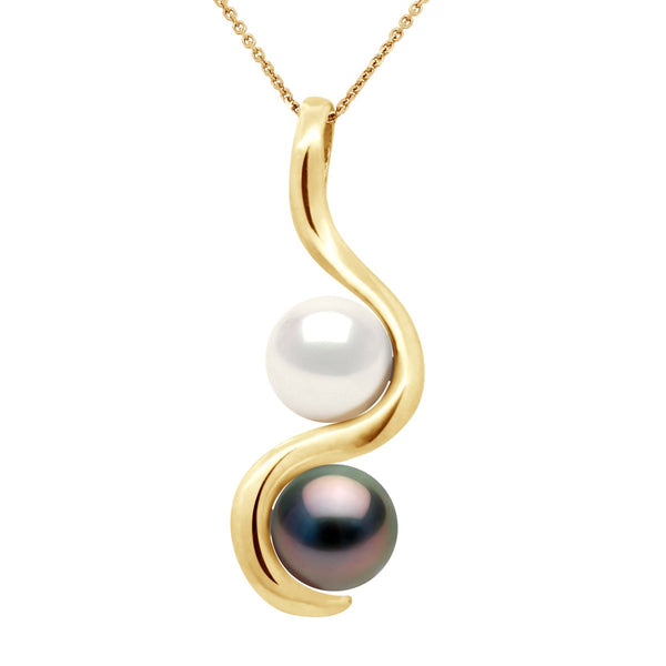 Pendentif Toi & Moi Perles De Tahiti Et Eau Douce Rondes 8-9 Mm - Chaîne Offerte - Or 375 - Okunama