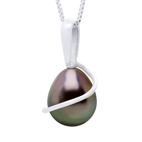 Pendentif Bélière Avec Retour Or Blanc 375 Millièmes Et Véritable Perle De Culture De Tahiti Poire 8-9 Mm