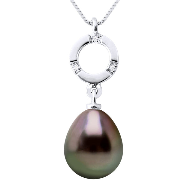 Pendentif Joaillerie 0,01 Cts (3x0,0035 Cts) Or Blanc 375 Millièmes Et Véritable Perle De Culture De Tahiti Poire 9-10 Mm