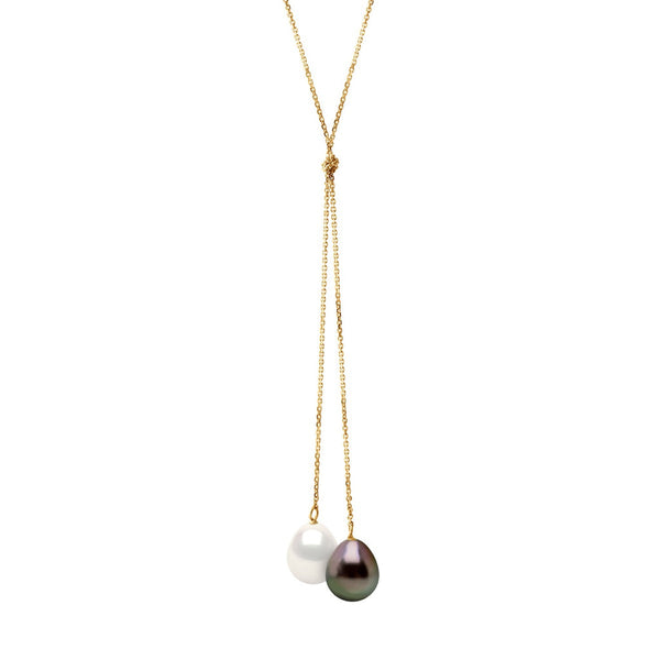 Collier Toi & Moi - 2 Perles Poires 9-10 Mm - Chaîne Forçat - Or 375 - Rakuva