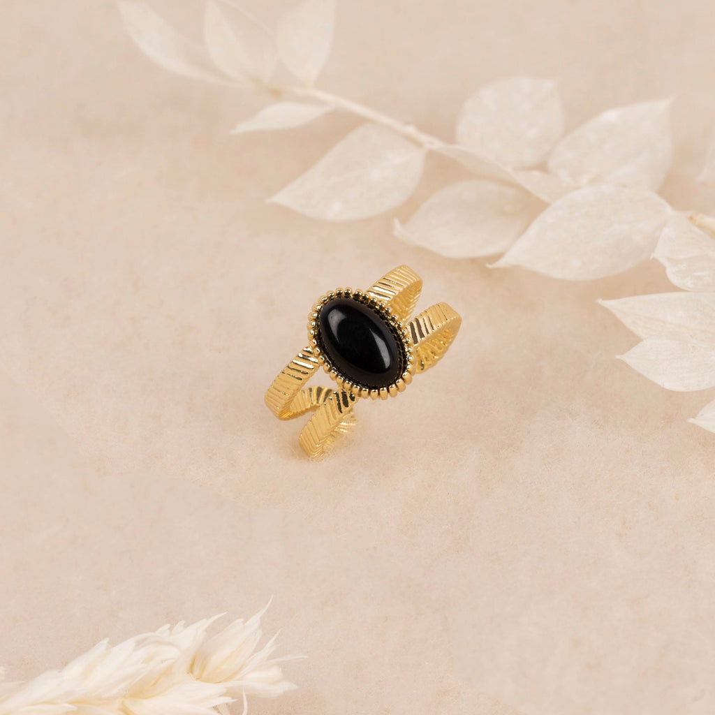 Bague Ajustable Kone Oeil De Tigre Noir - Laiton Doré