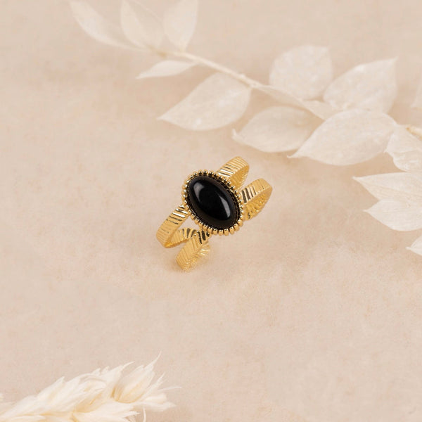 Bague Ajustable Kone Oeil De Tigre Noir - Laiton Doré