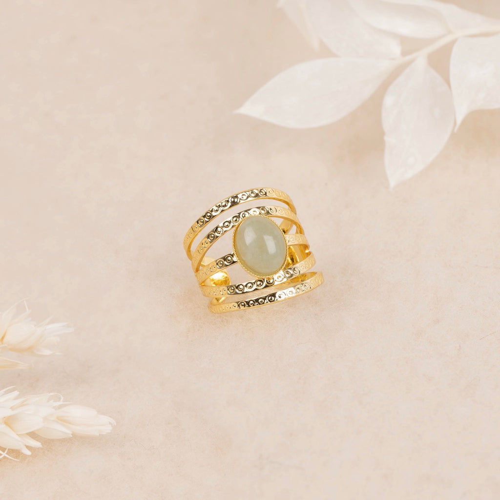 Bague Ajustable Thio Agate Verte - Laiton Doré