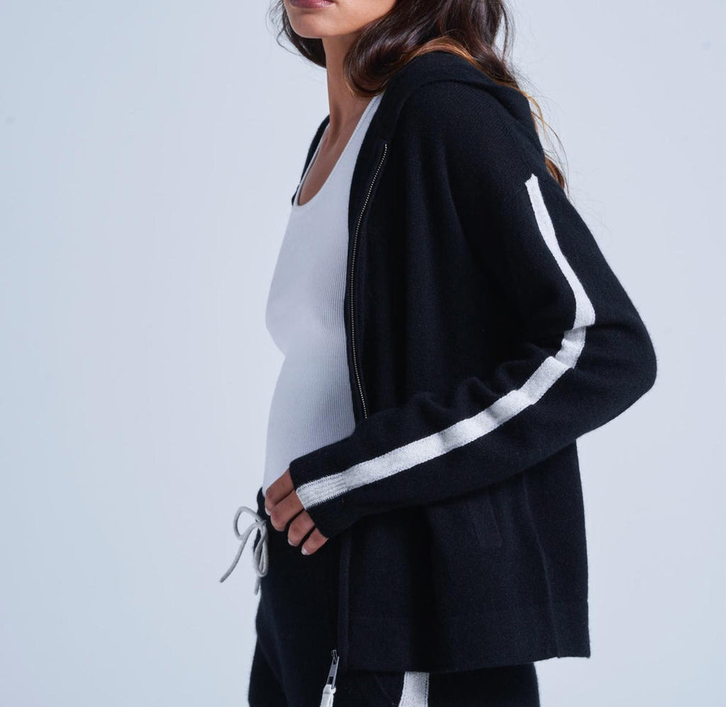 Absolut Cashmere - Gilet Manches Longues Capuche Zip Bandes Emelie - Noir-Nuage - 100% Cachemire 12GG - Femme