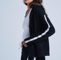 Absolut Cashmere - Gilet Manches Longues Capuche Zip Bandes Emelie - Noir-Nuage - 100% Cachemire 12GG - Femme
