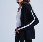 Absolut Cashmere - Gilet Manches Longues Capuche Zip Bandes Emelie - Noir-Nuage - 100% Cachemire 12GG - Femme
