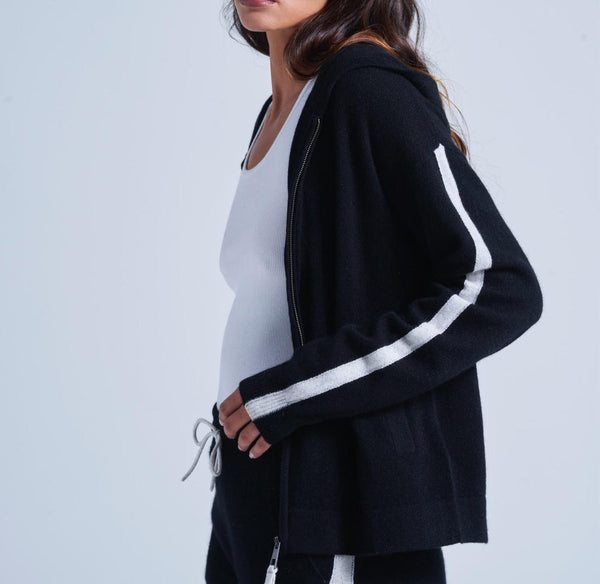 Absolut Cashmere - Gilet Manches Longues Capuche Zip Bandes Emelie - Noir-Nuage - 100% Cachemire 12GG - Femme