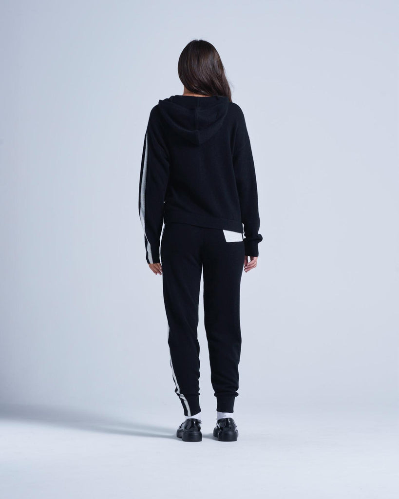 Absolut Cashmere - Gilet Manches Longues Capuche Zip Bandes Emelie - Noir-Nuage - 100% Cachemire 12GG - Femme
