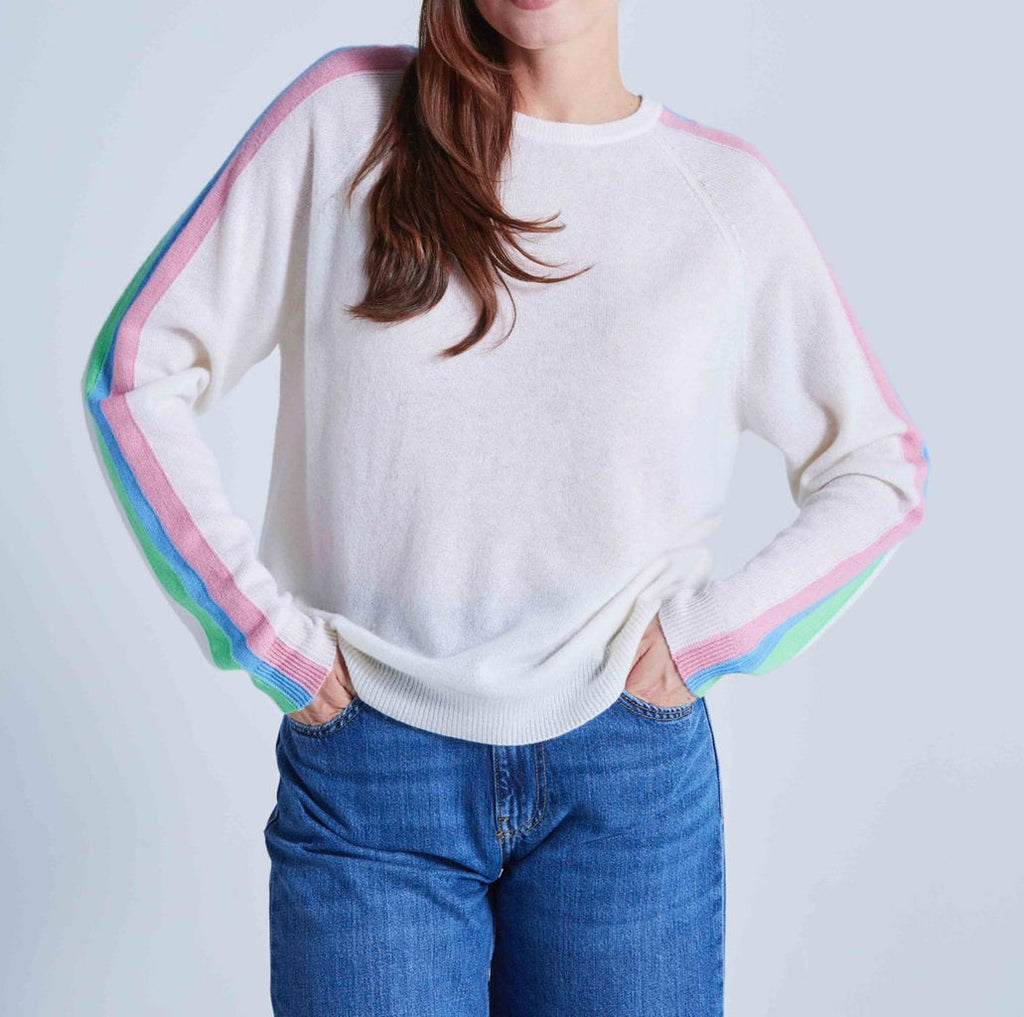 Absolut Cashmere - Pull Col Rond Manches Longues Raglan Rainbow Yale - Rainbow Blanc - 100% Cachemire 12GG - Femme