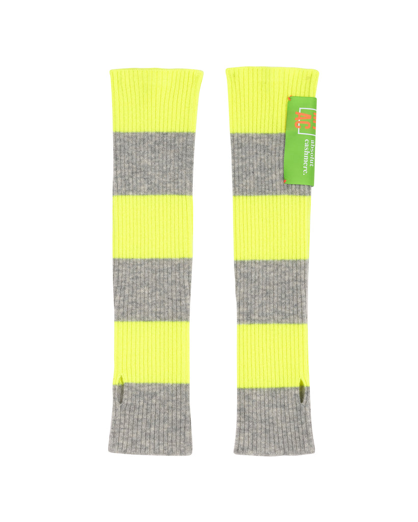Absolut Cashmere - Longues Mitaine Rayées Flashy - Gris Chine Clair-Jaune Fluo - 100% Cachemire 9GG - Femme