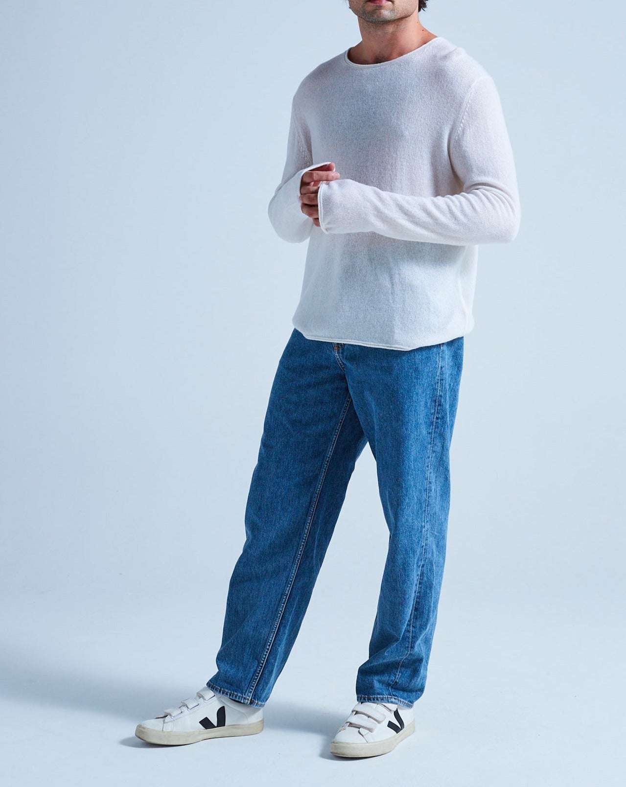 Pull Col Rond Finitions Roulées Taylor - Blanc - 100% Cachemire 12Gg - Mixte
