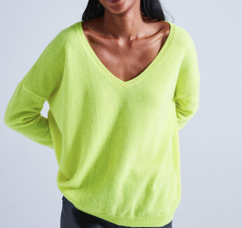 Absolut Cashmere - Pull Large Col V Angele - Jaune Fluo - 100% Cachemire 12GG - Femme