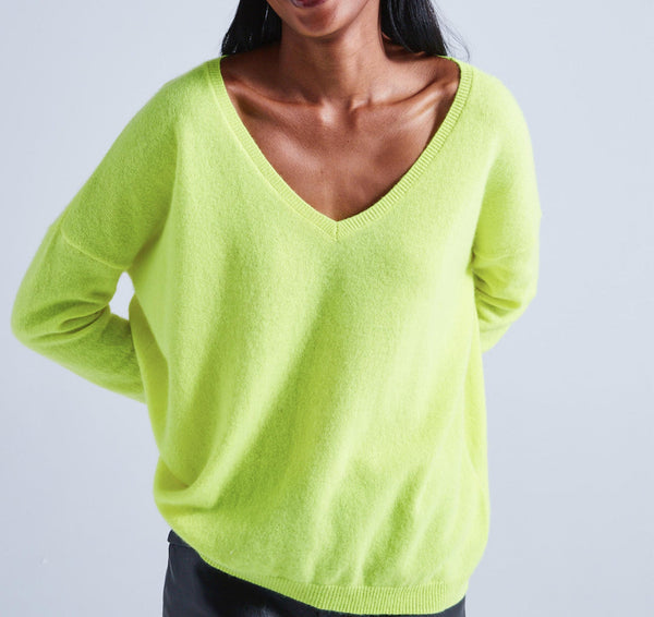 Absolut Cashmere - Pull Large Col V Angele - Jaune Fluo - 100% Cachemire 12GG - Femme